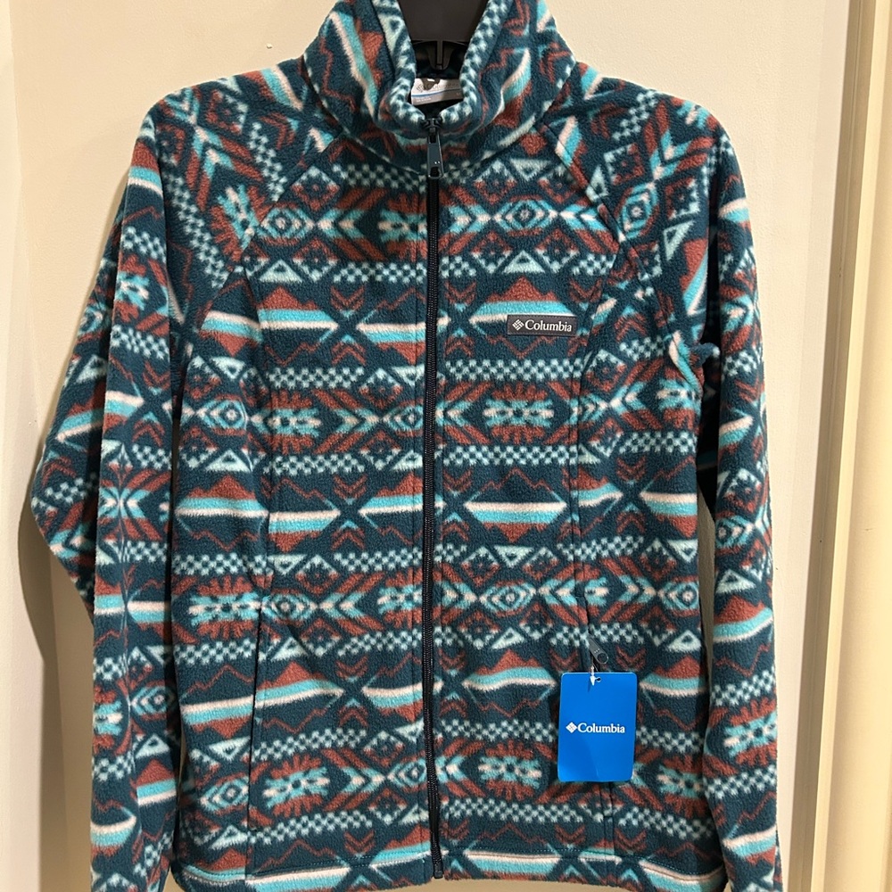 Columbia Women’s Geometric Teal and Brown Soft Fleece Jacket